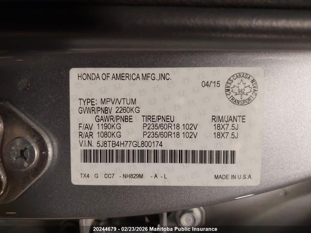 5J8TB4H77GL800174 Acura RDX
