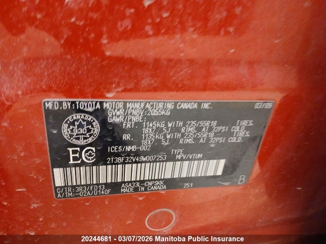 20244681 :رقم المزاد ، 2T3BF32V49W007253 vin ، 2009 Toyota Rav4 Sport مزاد بيع