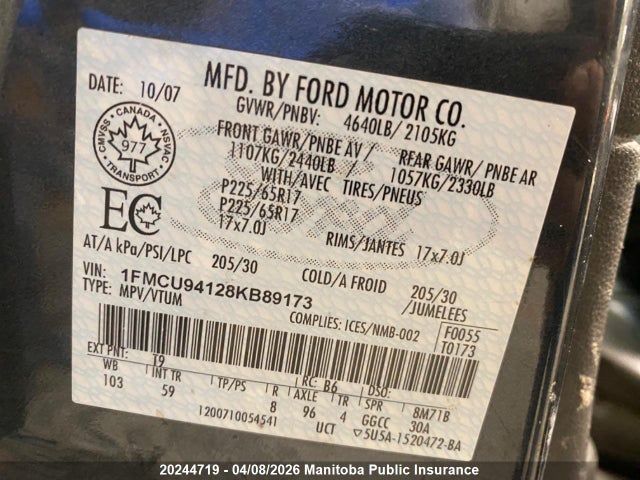 Aukcja sprzedaży 2008 Ford Escape Limited V6, vin: 1FMCU94128KB89173, numer aukcji: 20244719