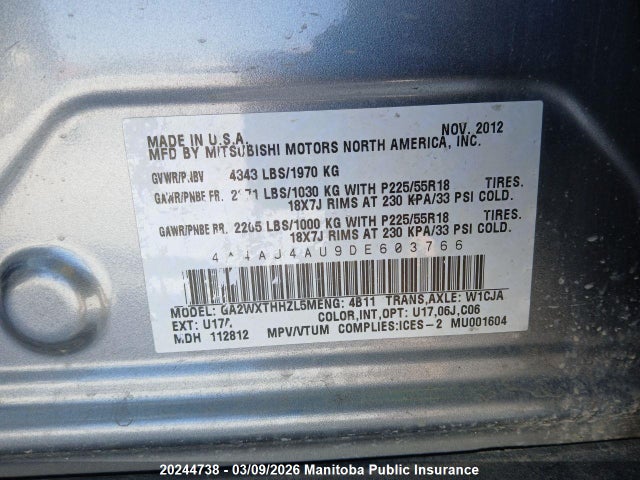 Продаж на аукціоні авто 2013 Mitsubishi Rvr Se, vin: 4A4AJ4AU9DE603766, номер лоту: 20244738