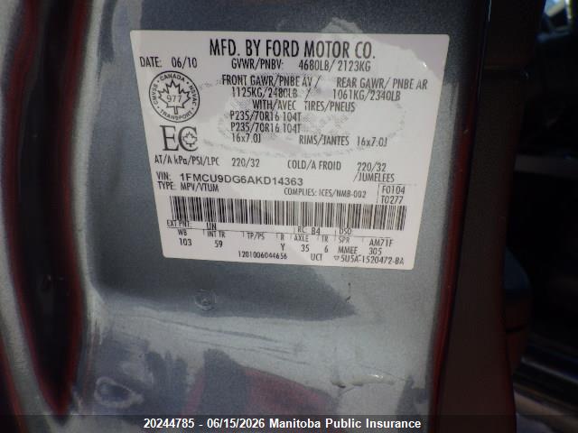 Продажа на аукционе авто 2010 Ford Escape Xlt V6, vin: 1FMCU9DG6AKD14363, номер лота: 20244785