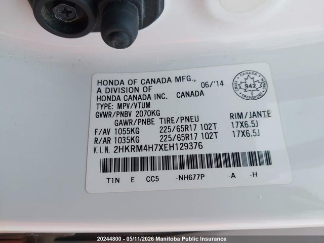 2HKRM4H7XEH129376 Honda Cr-v Ex-l