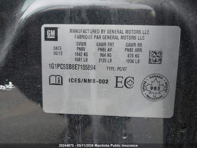 2014 Chevrolet Cruze Lt Turbo მანქანა იყიდება აუქციონზე, vin: 1G1PC5SB8E7105894, აუქციონის ნომერი: 20244870
