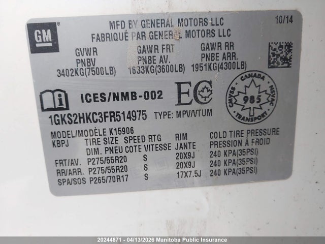 1GKS2HKC3FR514975 GMC Yukon Xl 1500 Slt