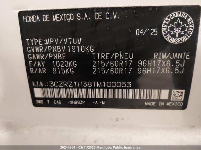 3CZRZ1H38TM100053 Honda HR-V LX