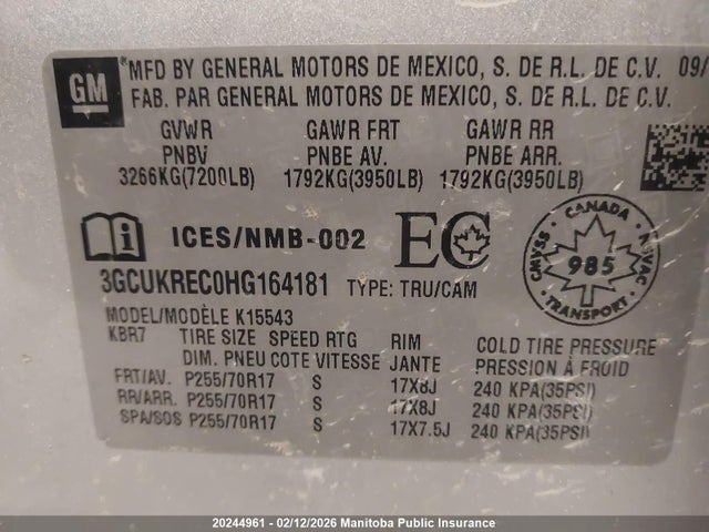 3GCUKREC0HG164181 Chevrolet Silverado 1500 Lt Crew Cab