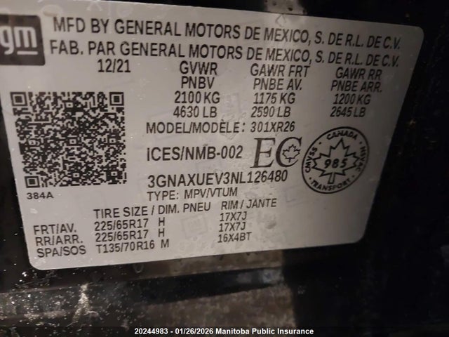 3GNAXUEV3NL126480 Chevrolet EQUINOX LT