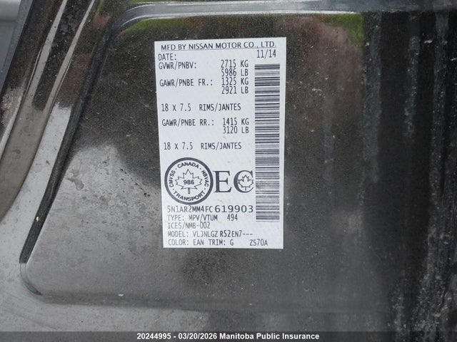 Aukcja sprzedaży 2015 Nissan Pathfinder Sl, vin: 5N1AR2MM4FC619903, numer aukcji: 20244995