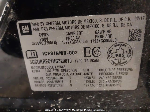 3GCUKREC1HG329610 Chevrolet Silverado 1500 Lt Crew Cab
