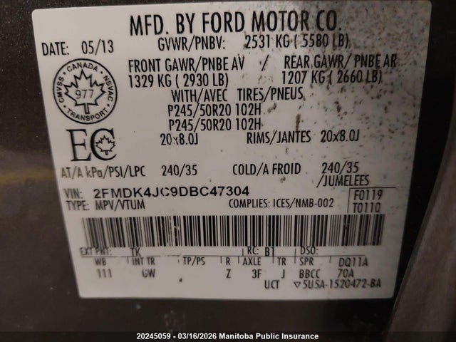 Продажа на аукционе авто 2013 Ford Edge Sel, vin: 2FMDK4JC9DBC47304, номер лота: 20245059