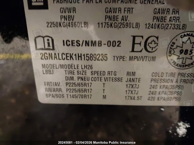 2GNALCEK1H1589235 Chevrolet EQUINOX LT
