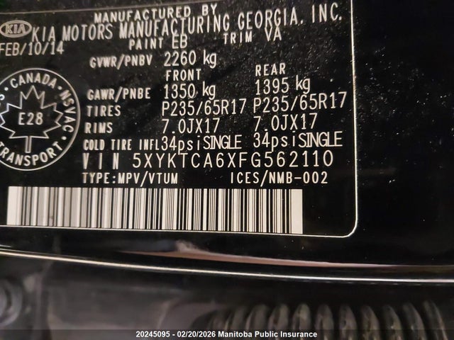 5XYKTCA6XFG562110 KIA SORENTO LX