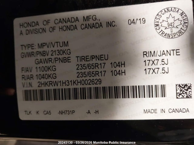 2HKRW1H31KH002629 Honda CR-V LX