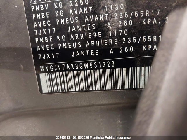 WVGJV7AX3GW531223 Volkswagen Tiguan 2.0 Tsi