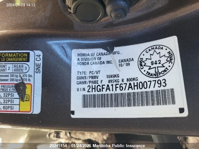 Aukcja sprzedaży 2010 Honda Civic Lx, vin: 2HGFA1F67AH007793, numer aukcji: 20245154