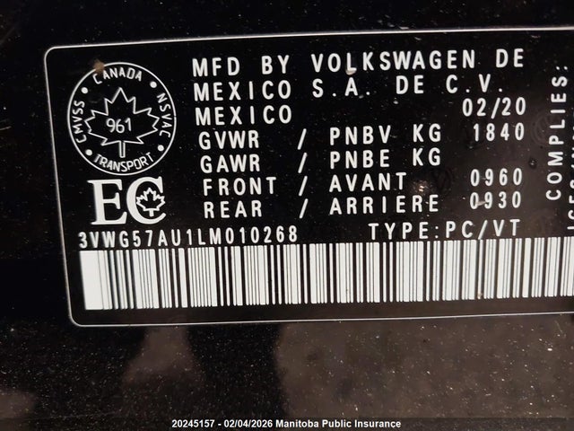 3VWG57AU1LM010268 Volkswagen Golf Comfortline 1.4 Tsi