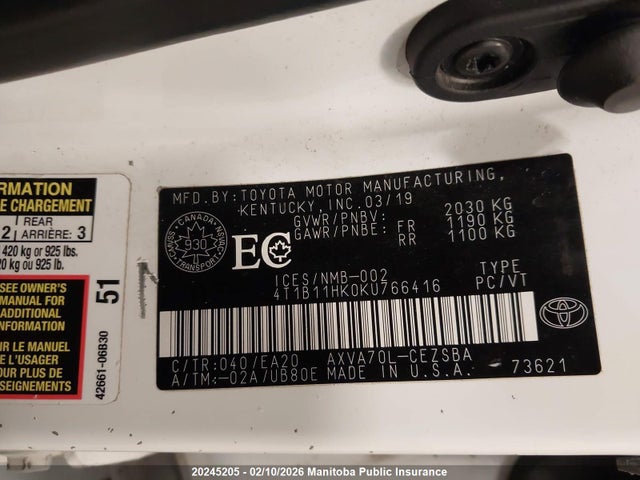 4T1B11HK0KU766416 Toyota CAMRY SE