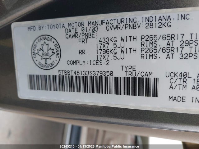 2003 Toyota Tundra Limited Access Cab V8 მანქანა იყიდება აუქციონზე, vin: 5TBBT48133S379350, აუქციონის ნომერი: 20245210