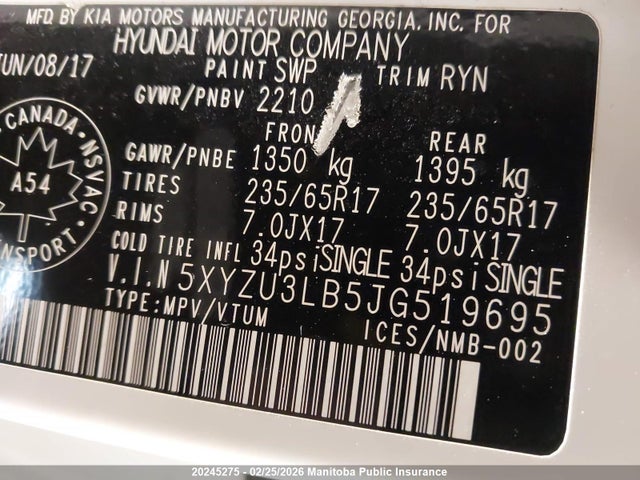 5XYZU3LB5JG519695 Hyundai SANTA FE SPORT