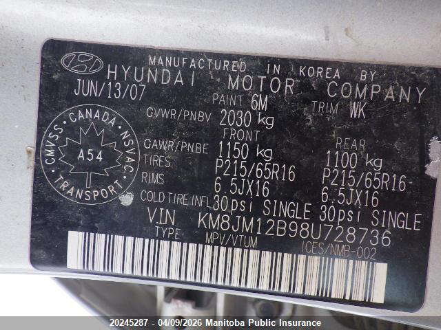 Продаж на аукціоні авто 2008 Hyundai Tucson Gl, vin: KM8JM12B98U728736, номер лоту: 20245287