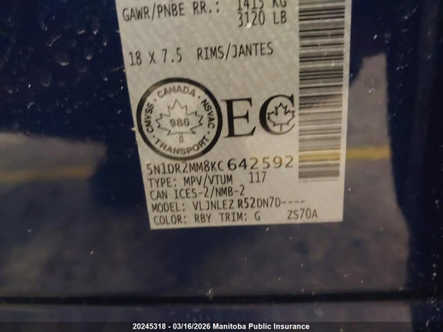 5N1DR2MM8KC642592 Nissan Pathfinder Sv