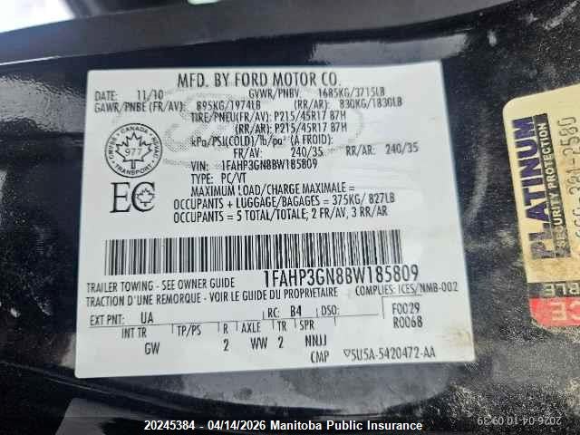 Продаж на аукціоні авто 2011 Ford Focus Ses, vin: 1FAHP3GN8BW185809, номер лоту: 20245384