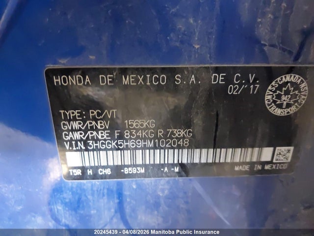 3HGGK5H69HM102048 Honda Fit Se