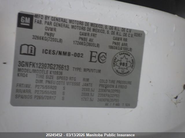 Aukcja sprzedaży 2007 Chevrolet Avalanche 1500 Lt, vin: 3GNFK12397G276613, numer aukcji: 20245452