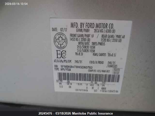 1FM5K8HT9HGD60783 Ford Explorer Platinum Ecoboost