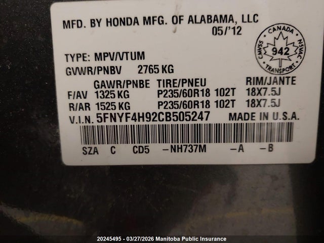 Продаж на аукціоні авто 2012 Honda Pilot Touring, vin: 5FNYF4H92CB505247, номер лоту: 20245495