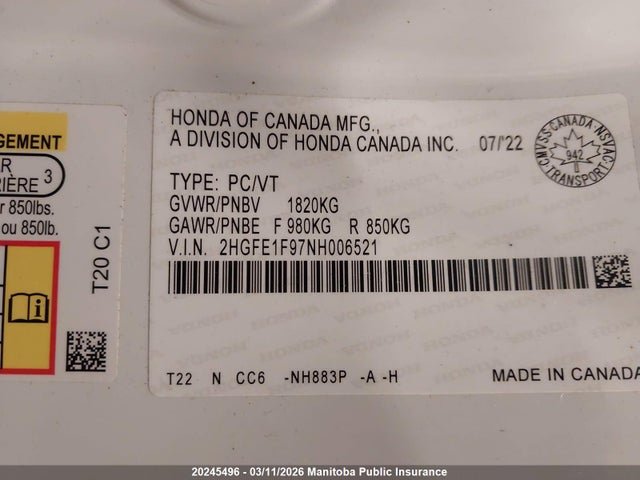 2HGFE1F97NH006521 Honda Civic Touring