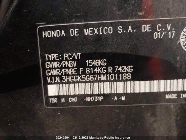 3HGGK5G67HM101188 Honda Fit Se