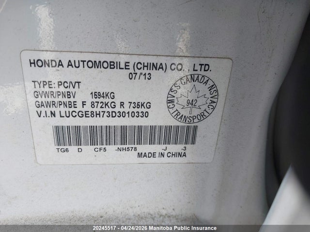 2013 Honda Fit Sport მანქანა იყიდება აუქციონზე, vin: LUCGE8H73D3010330, აუქციონის ნომერი: 20245517