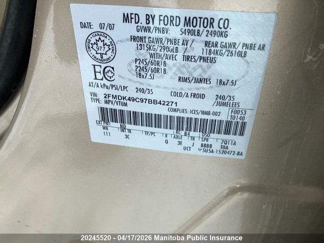 20245520 :رقم المزاد ، 2FMDK49C97BB42271 vin ، 2007 Ford Edge Sel مزاد بيع