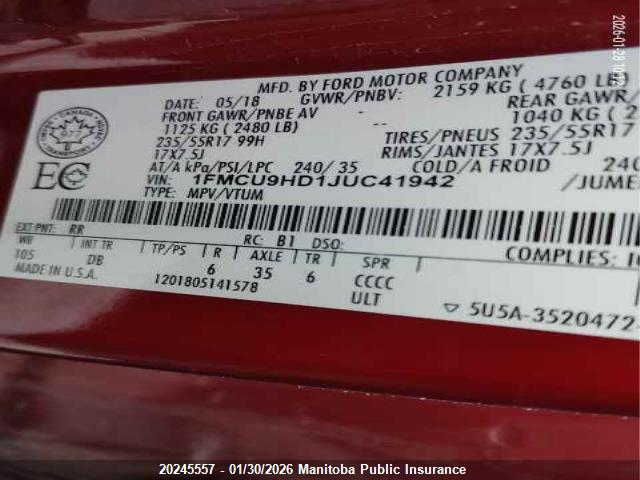 1FMCU9HD1JUC41942 Ford ESCAPE SEL