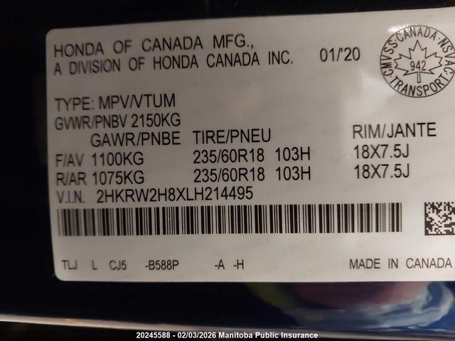 2HKRW2H8XLH214495 Honda Cr-v Ex-l