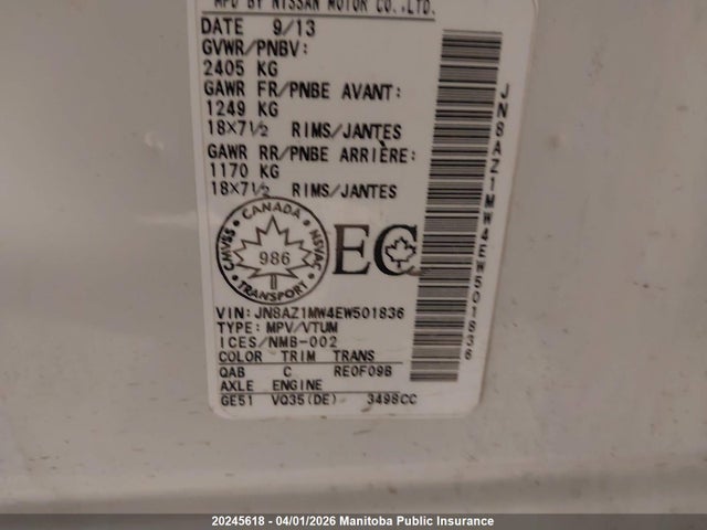 JN8AZ1MW4EW501836 Nissan MURANO SL