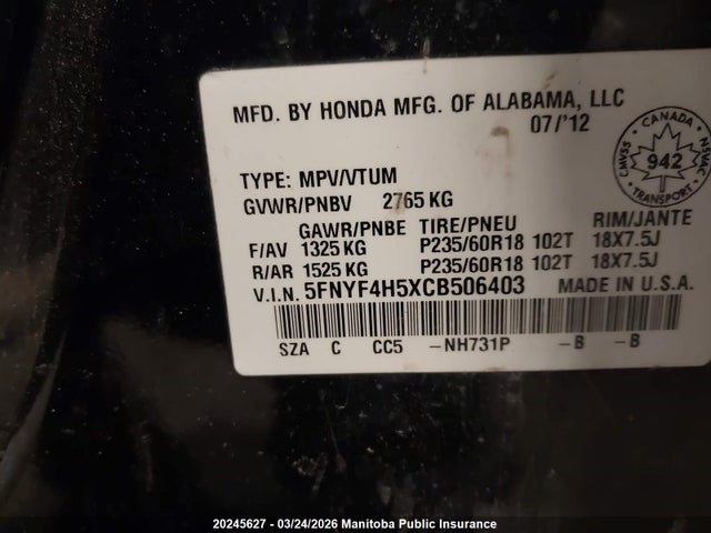Продаж на аукціоні авто 2012 Honda Pilot Ex-l, vin: 5FNYF4H5XCB506403, номер лоту: 20245627