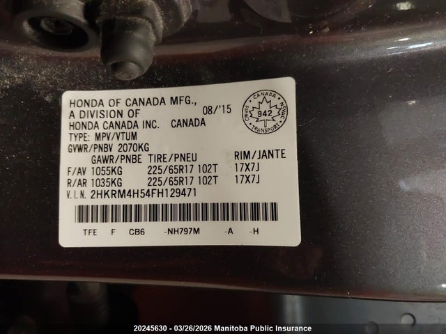 20245630 :رقم المزاد ، 2HKRM4H54FH129471 vin ، 2015 Honda Cr-v Ex مزاد بيع
