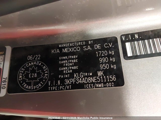3KPF34AD8NE511156 KIA FORTE EX