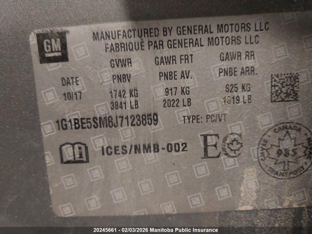 1G1BE5SM8J7123859 Chevrolet Cruze Lt Turbo