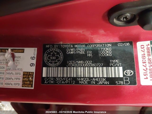 20245683 :رقم المزاد ، JTDKB20U083380727 vin ، 2008 Toyota Prius مزاد بيع