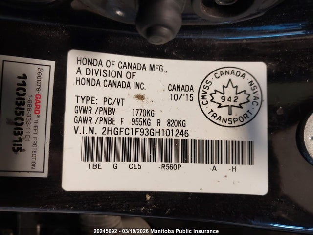 2HGFC1F93GH101246 Honda Civic Touring