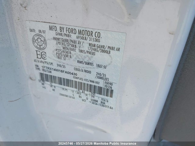 20245746 :رقم المزاد ، 1FTRX14W18FA00430 vin ، 2008 Ford F150 Xlt Supercab مزاد بيع