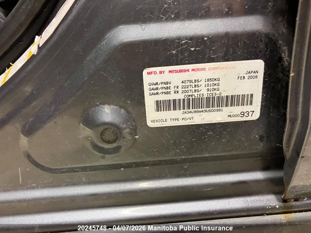 20245748 :رقم المزاد ، JA3AU86W49U600981 vin ، 2009 Mitsubishi Lancer Gt مزاد بيع
