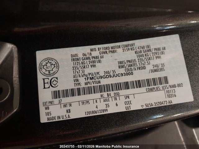 1FMCU9GD9JUC93000 Ford ESCAPE SE
