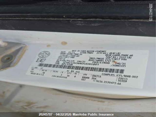 20245787 :رقم المزاد ، 1FMCU9G94DUD60201 vin ، 2013 Ford Escape Se مزاد بيع