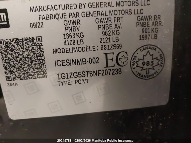 1G1ZG5ST8NF207238 Chevrolet MALIBU RS