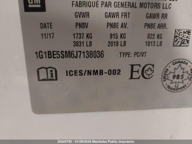 1G1BE5SM6J7138036 Chevrolet Cruze Lt Turbo