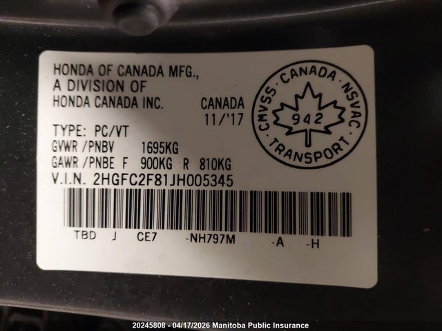 2HGFC2F81JH005345 Honda CIVIC EX